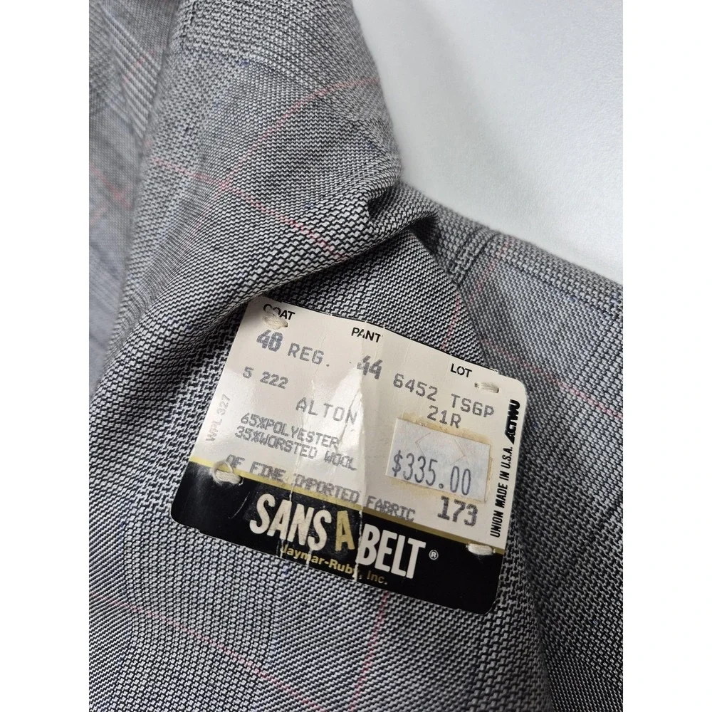 VTG Sansabelt Suit Mens 48 Gray Poly Wool Plaid Tweed 2 Piece 44x36 USA NWT